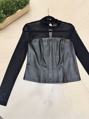 Bar III Black Faux Leather and Sheer Mesh Long Sleeve Top